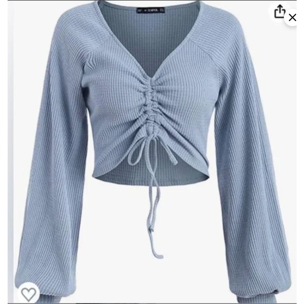 Zaful Womens Long Balloon Sleeve Ruched Baby Blue Waffle Knit Crop Top Medium